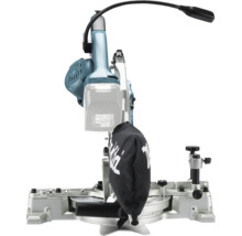Makita batteridriven kap- och geringssåg med flexibel LED-arbetslampa, silverfärgad bas och dammpåse.
