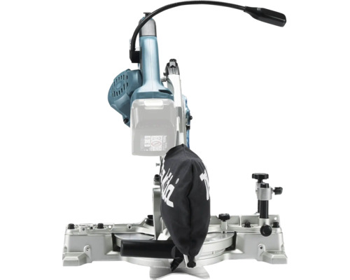 Makita batteridriven kap- och geringssåg med flexibel LED-arbetslampa, silverfärgad bas och dammpåse.