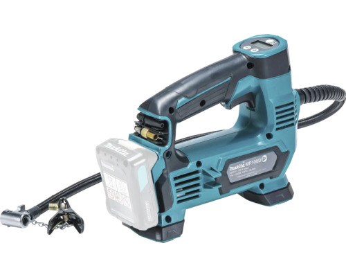 Makita batteridriven kompressor MP100D med digital display och luftslang.
