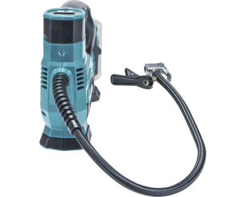 Batteridriven kompressor med flexibel slang och ventilanslutning.