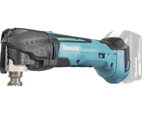 Makita batteridrivet multiverktyg med 18 Volt litiumjonbatteri och OIS verktygsfäste. Makita Logo.