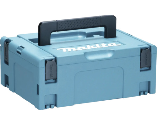 Blå Makita Makpac verktygsväska i plast med bärhandtag och låsspännen.