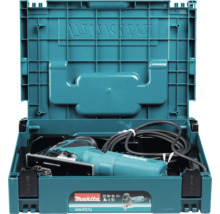 Makita sticksåg i blå plastväska med strömsladd.