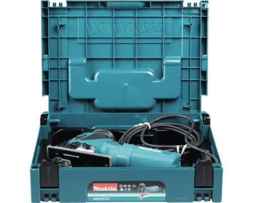 Makita sticksåg i blå plastväska med strömsladd.