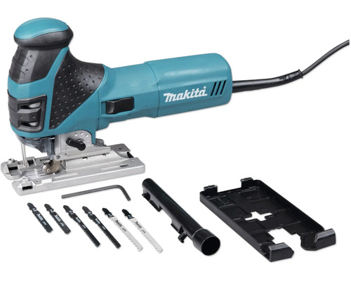 Makita sticksåg med tillbehörssats bestående av sågblad, insexnyckel, utsugsadapter och glidsko.