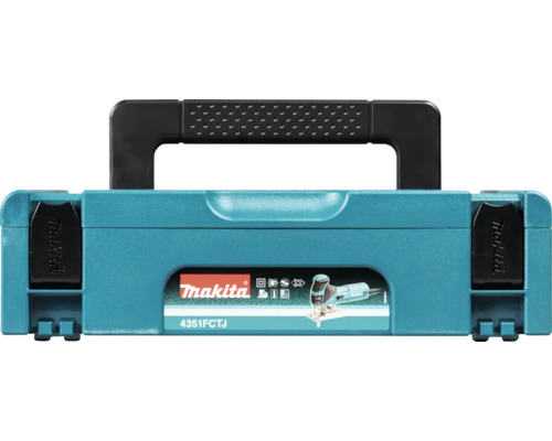 Turkos Makita Makpac verktygsväska för sticksåg 4351FCTJ i plast med handtag och Makita Logo.