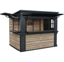 Försäljningsstånd i trä med hyllor och öppningsbart tak