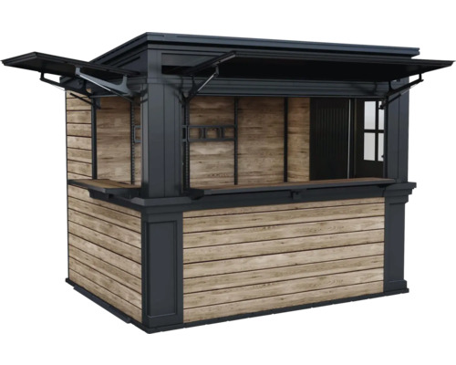 Försäljningsstånd i trä med hyllor och öppningsbart tak