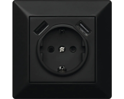 Svart jordat eluttag med integrerade USB-A- och USB-C-portar för infällt montage.