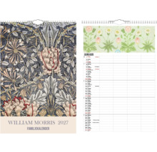 William Morris familjekalender 2027 med blommönster, spiralbindning, framsida och insida för januari med flera kolumner.