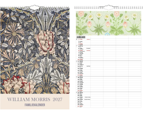 William Morris familjekalender 2027 med blommönster, spiralbindning, framsida och insida för januari med flera kolumner.