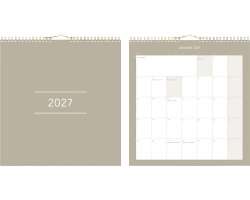 Väggkalender 2027 med spiralbindning, framsida och månadsöversikt för januari.