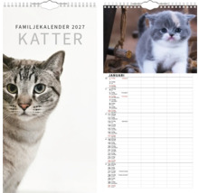 Familjekalender 2027 med kattmotiv, spiralbindning, månadsöversikt med flera kolumner för familjeplanering.