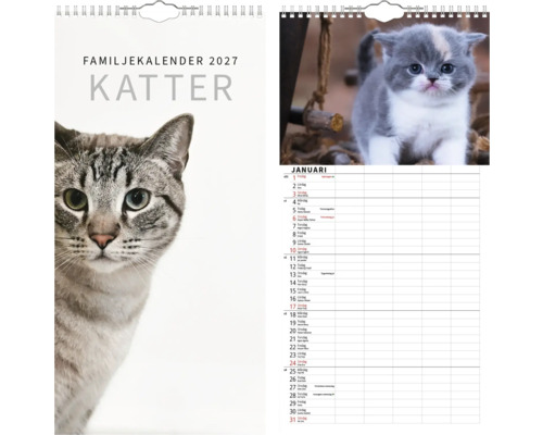 Familjekalender 2027 med kattmotiv, spiralbindning, månadsöversikt med flera kolumner för familjeplanering.