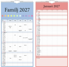 Väggkalender familjeplanerare för år 2027 med flera kolumner för familjemedlemmar och spiralbindning för upphängning.