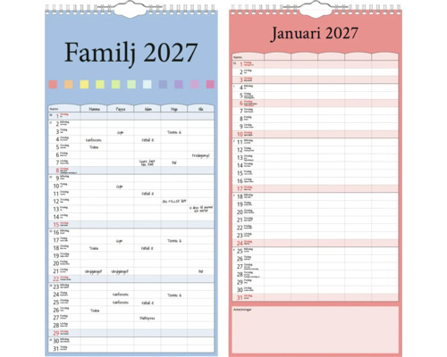 Väggkalender familjeplanerare för år 2027 med flera kolumner för familjemedlemmar och spiralbindning för upphängning.