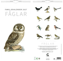 Familjekalender 2027 med fågelillustrationer, spiralbindning, framsida med uggla, baksida med olika fågelmotiv, FSC-certifierat papper.