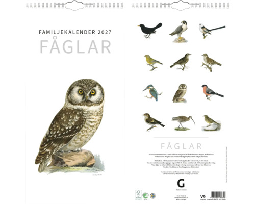 Familjekalender 2027 med fågelillustrationer, spiralbindning, framsida med uggla, baksida med olika fågelmotiv, FSC-certifierat papper.