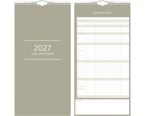 Familjekalender 2027 för vägg, spiralbindning, månadsöversikt januari med kolumner för anteckningar.