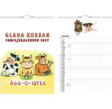 Spiralbunden familjekalender 2027 med kossor. Omslag Glada Kossan och månadsuppslag för januari med kolumner för anteckningar.