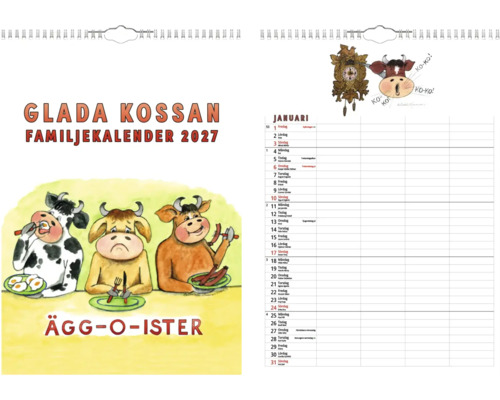 Spiralbunden familjekalender 2027 med kossor. Omslag Glada Kossan och månadsuppslag för januari med kolumner för anteckningar.
