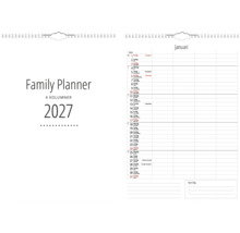 Familjeplanerare 2027 med fyra kolumner för att organisera möten, spiralkalender.