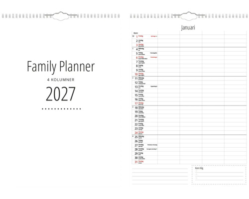 Familjeplanerare 2027 med fyra kolumner för att organisera möten, spiralkalender.
