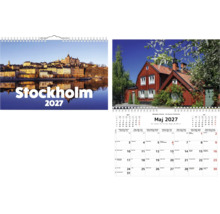 Väggkalender Stockholm 2027 med stadsbilder och månadsöversikt för maj.