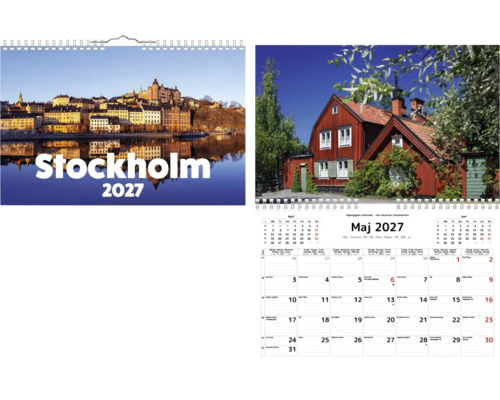 Väggkalender Stockholm 2027 med stadsbilder och månadsöversikt för maj.