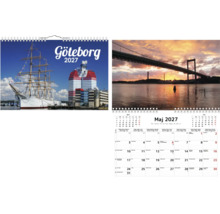 Väggkalender Göteborg tjugohundratjugosju med stadsvyer, segelfartyg och Älvsborgsbron i solnedgång.