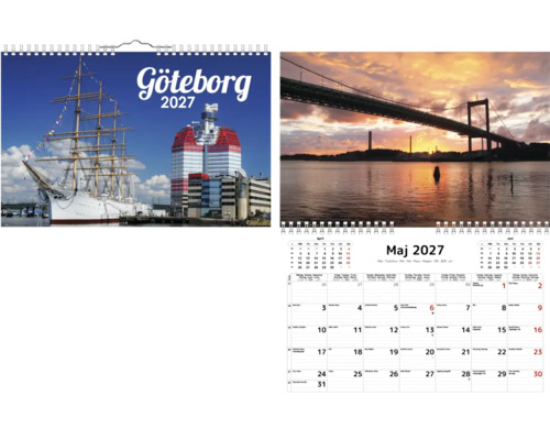 Väggkalender Göteborg tjugohundratjugosju med stadsvyer, segelfartyg och Älvsborgsbron i solnedgång.