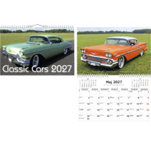 Väggkalender Classic Cars 2027 med motiv av veteranbilar som en grön Cadillac och en orange Chevrolet Impala.