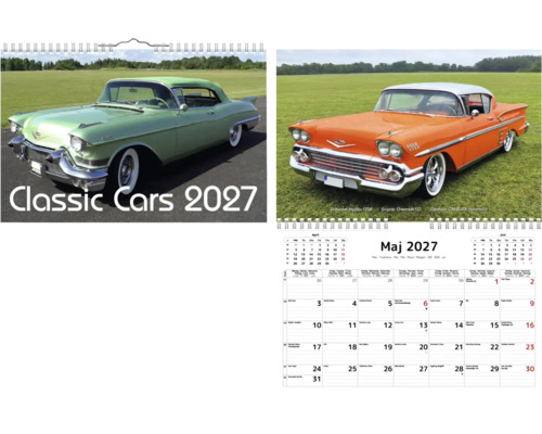Väggkalender Classic Cars 2027 med motiv av veteranbilar som en grön Cadillac och en orange Chevrolet Impala.