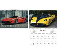 Väggkalender Supercars 2027 med motiv av sportbilar som Ferrari och Pagani, inklusive månadsöversikt för maj.