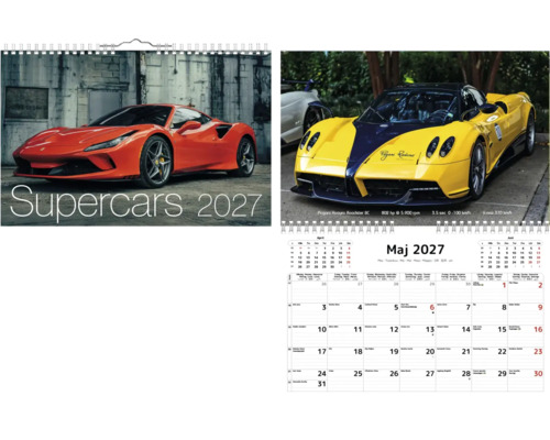 Väggkalender Supercars 2027 med motiv av sportbilar som Ferrari och Pagani, inklusive månadsöversikt för maj.