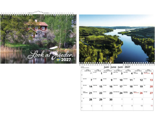 Väggkalender 2027 Look at Sweden med svenska landskapsbilder och ett kalenderblad för juni.