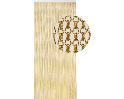 Guldfärgad kedjegardin med detaljvy