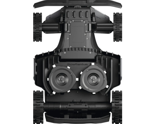 Undersidan MowMentum robotgräsklippare med skärverktyg och banddrift