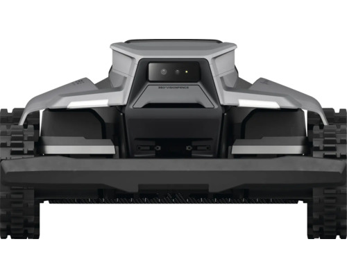 Bakifrånvy av en robotgräsklippare med larvfötter och 360 graders Vision Fence.