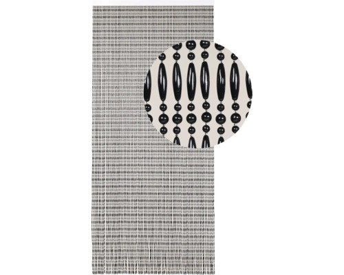 Dekorativ pärlgardin med svart pärldesign.