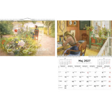 Carl Larsson väggkalender 2027 med nostalgiska illustrationer av en kvinna i trädgården och skrivande med månadsöversikt för maj.