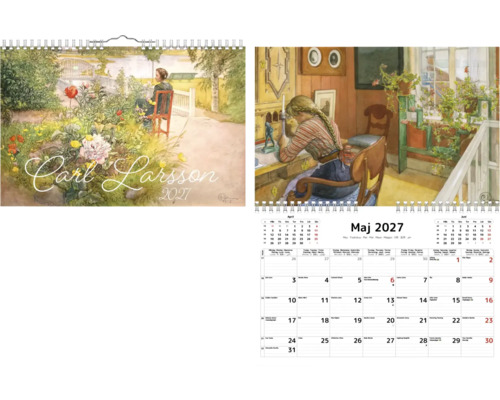 Carl Larsson väggkalender 2027 med nostalgiska illustrationer av en kvinna i trädgården och skrivande med månadsöversikt för maj.