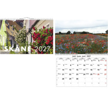 Väggkalender Skåne 2027 med stads- och naturmotiv samt en kalenderöversikt för juni månad.