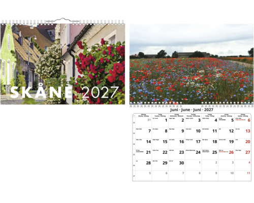 Väggkalender Skåne 2027 med stads- och naturmotiv samt en kalenderöversikt för juni månad.