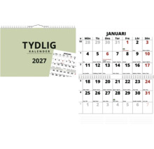 Väggkalender Tydlig Kalender 2027 med spiralbindning, svensk version med månadsvy för januari, veckodagar och helgdagar.