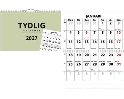 Väggkalender Tydlig Kalender 2027 med spiralbindning, svensk version med månadsvy för januari, veckodagar och helgdagar.