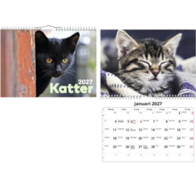 Väggkalender 2027 Katter med kattmotiv, spiralbindning, omslag med svart katt och månadsöversikt januari med sovande vildkatt.