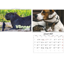 Väggkalender Vänner 2027 med bilder på djur som kapybara och fågel samt hund och katt, inklusive månadsöversikt för januari.
