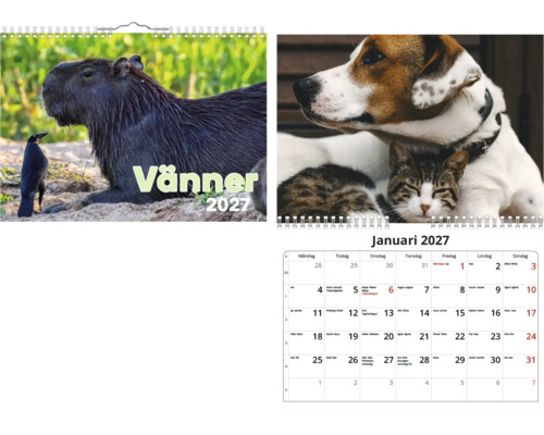 Väggkalender Vänner 2027 med bilder på djur som kapybara och fågel samt hund och katt, inklusive månadsöversikt för januari.