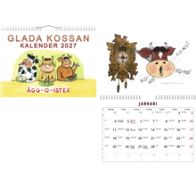 Väggkalender Glada Kossan 2027 med tecknade illustrationer av kor och svenskt kalendarium.
